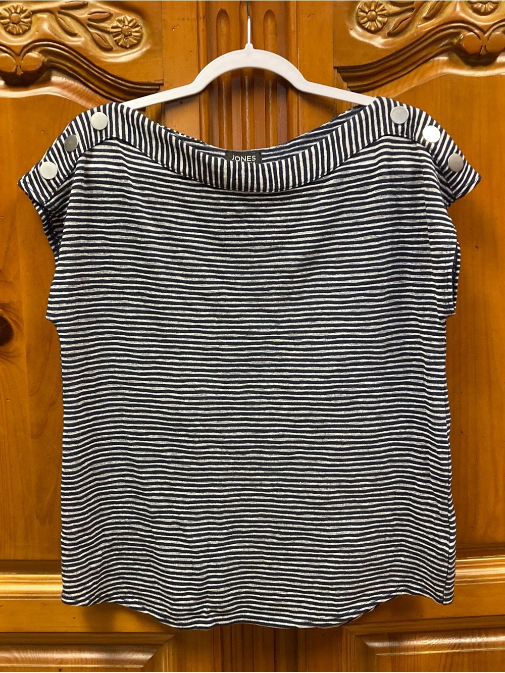Jones New York Navy White Striped Cotton Blend Nautical Top Medium